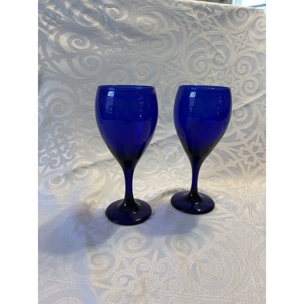 Vintage Cobalt Blue 7.5in Stemmed Wine glass Set of 2 Retro Hosting Grecian